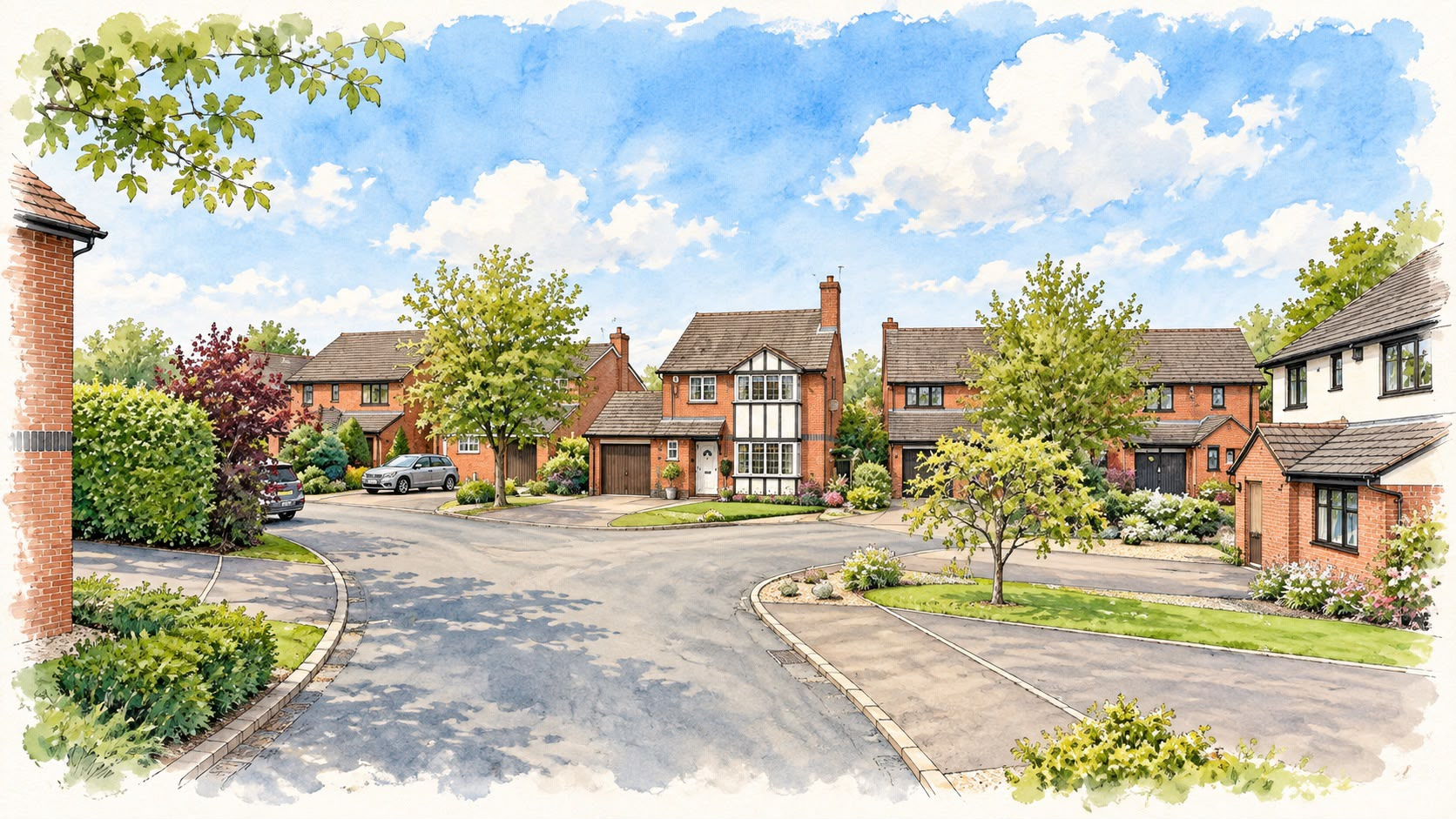 Illustrated general view of a residential street